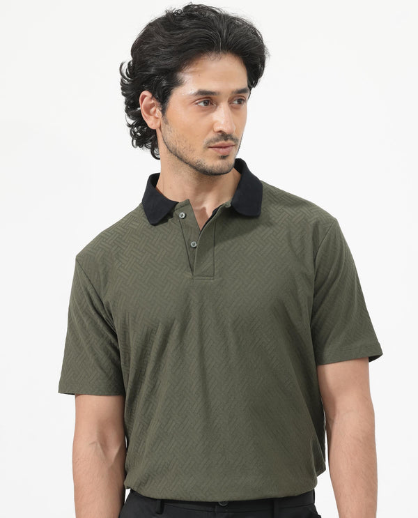 Rare Rabbit Mens State Olive Short Sleeves Solid Jacquard Print Polo T-Shirt