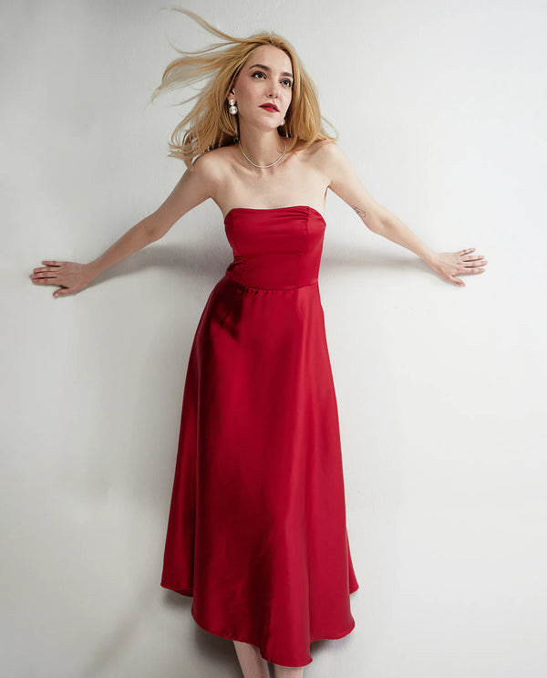 Rareism Women Somfar Red Polyester Fabric Sleeveless Sweet Heart Collar Flared Midi Plain Dress