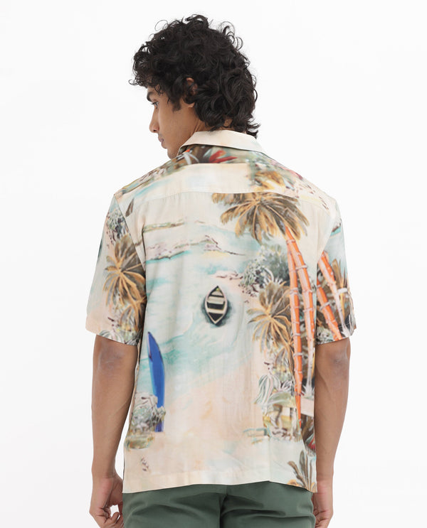 Rare Rabbit Men's Surfer Beige Viscose Fabric Cuban Collar Half Sleeves Boxy Fit Tropical Print Shirt