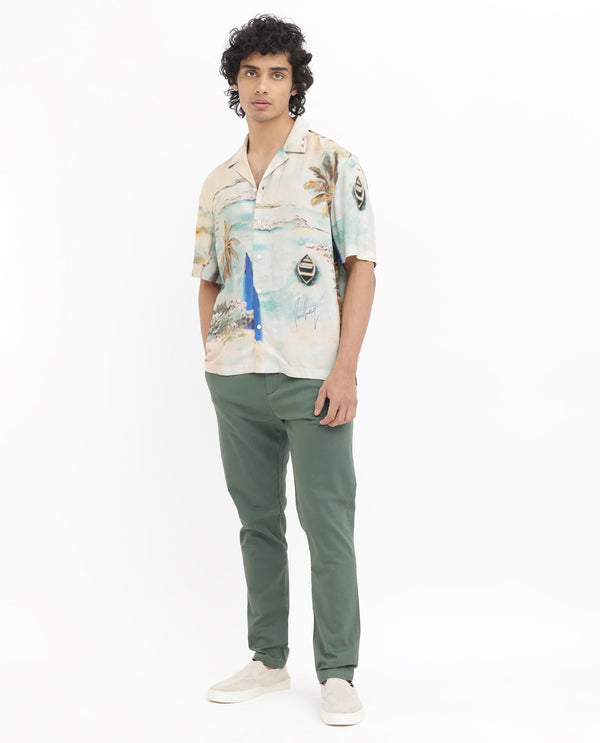 Rare Rabbit Men's Surfer Beige Viscose Fabric Cuban Collar Half Sleeves Boxy Fit Tropical Print Shirt