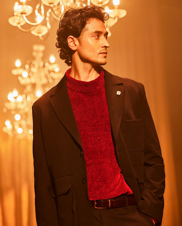Rare Rabbit Men's Chens Red Chenille Fabric Full Sleeve Regular Fit Crew Neck Textured Sweater