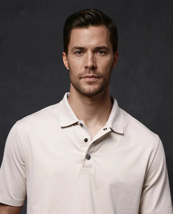 Rare Rabbit Men Tang-1 Beige Cotton Fabric Short Sleeve Regular Collar Button Closure Regular Fit Plain Polo T-Shirt
