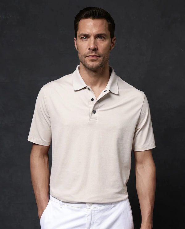 Rare Rabbit Men Tang-1 Beige Cotton Fabric Short Sleeve Regular Collar Button Closure Regular Fit Plain Polo T-Shirt