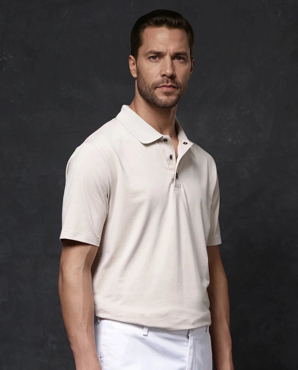 Rare Rabbit Men Tang-1 Beige Cotton Fabric Short Sleeve Regular Collar Button Closure Regular Fit Plain Polo T-Shirt