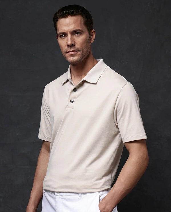 Rare Rabbit Men Tang-1 Beige Cotton Fabric Short Sleeve Regular Collar Button Closure Regular Fit Plain Polo T-Shirt