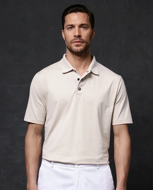 Rare Rabbit Men Tang-1 Beige Cotton Fabric Short Sleeve Regular Collar Button Closure Regular Fit Plain Polo T-Shirt