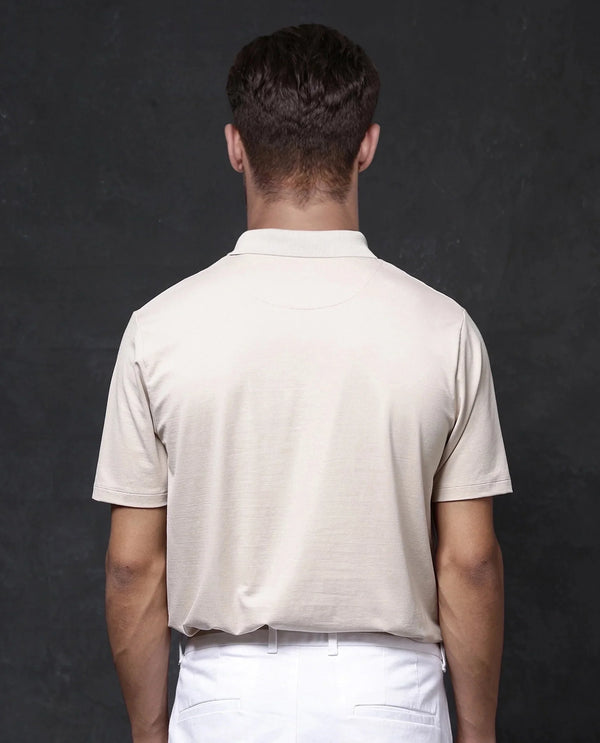 Rare Rabbit Men Tang-1 Beige Cotton Fabric Short Sleeve Regular Collar Button Closure Regular Fit Plain Polo T-Shirt