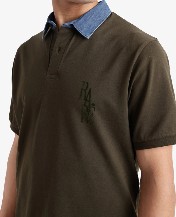 Rare Rabbit Men Tem Dark Olive Short Sleeve Collared Neck Button Closure Plain Polo
