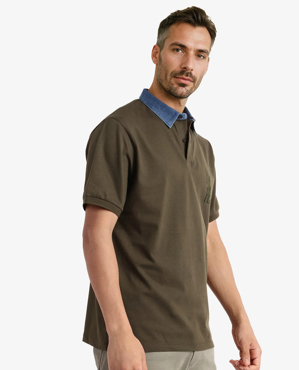 Rare Rabbit Men Tem Dark Olive Short Sleeve Collared Neck Button Closure Plain Polo
