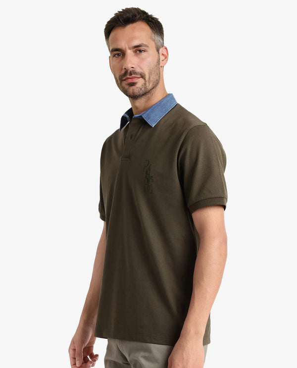 Rare Rabbit Men Tem Dark Olive Short Sleeve Collared Neck Button Closure Plain Polo