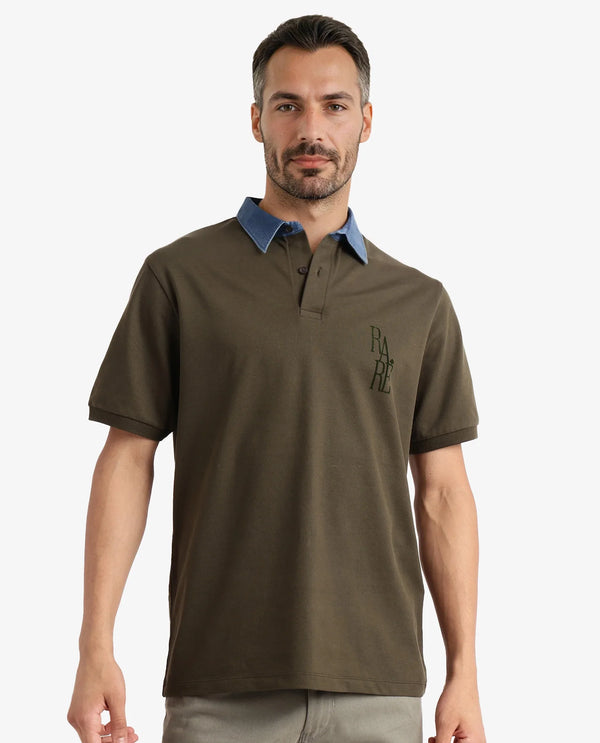 Rare Rabbit Men Tem Dark Olive Short Sleeve Collared Neck Button Closure Plain Polo