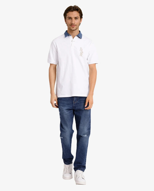 Rare Rabbit Men Tem White Short Sleeve Collared Neck Button Closure Plain Polo