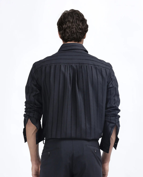 Rare Rabbit Men's Tener Black Cotton Fabric Full Sleeve Spread Collar Regular Fit Striped Shirt