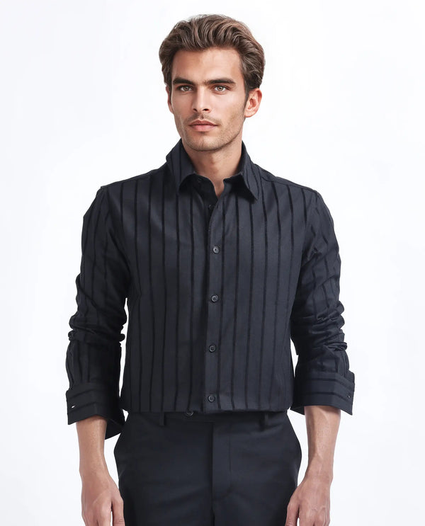Rare Rabbit Men's Tener Black Cotton Fabric Full Sleeve Spread Collar Regular Fit Striped Shirt