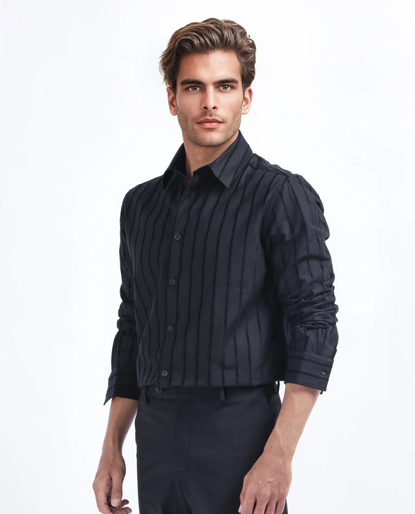 Rare Rabbit Men's Tener Black Cotton Fabric Full Sleeve Spread Collar Regular Fit Striped Shirt