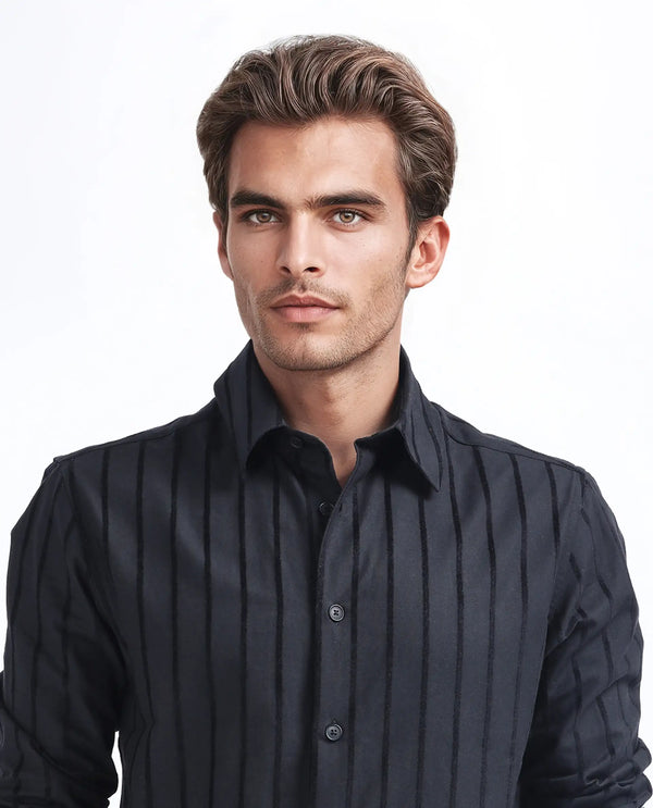 Rare Rabbit Men's Tener Black Cotton Fabric Full Sleeve Spread Collar Regular Fit Striped Shirt
