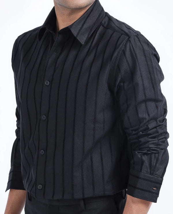 Rare Rabbit Men's Tener Black Cotton Fabric Full Sleeve Spread Collar Regular Fit Striped Shirt