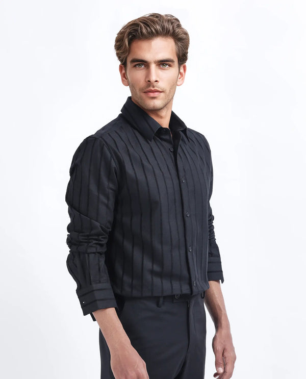 Rare Rabbit Men's Tener Black Cotton Fabric Full Sleeve Spread Collar Regular Fit Striped Shirt