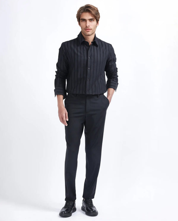 Rare Rabbit Men's Tener Black Cotton Fabric Full Sleeve Spread Collar Regular Fit Striped Shirt