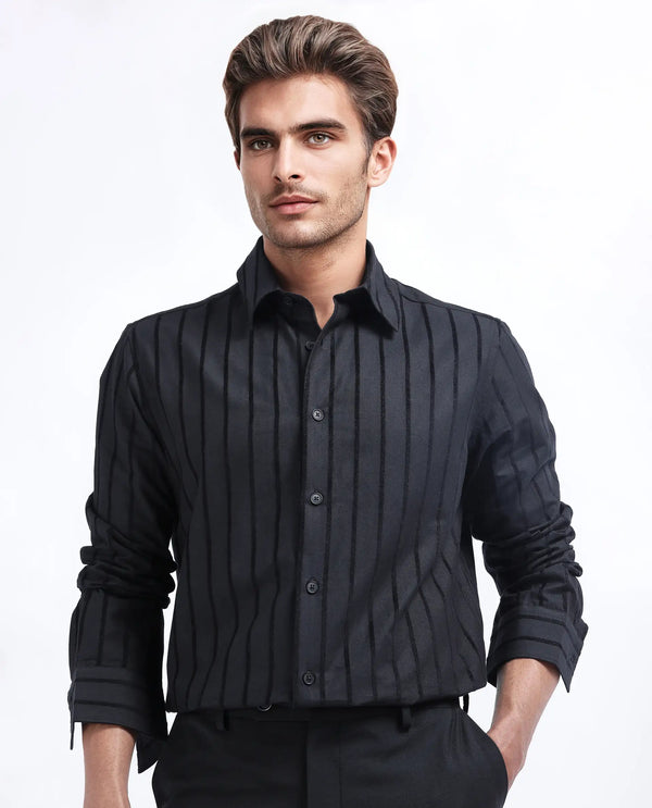 Rare Rabbit Men's Tener Black Cotton Fabric Full Sleeve Spread Collar Regular Fit Striped Shirt