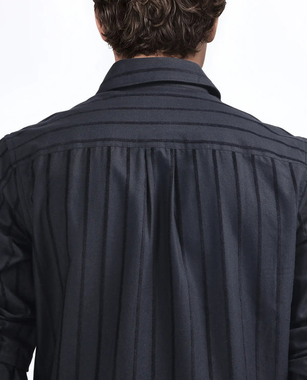 Rare Rabbit Men's Tener Black Cotton Fabric Full Sleeve Spread Collar Regular Fit Striped Shirt