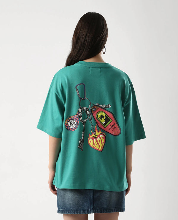Rareism Women Tenk Green Pull On Closure Cotton Fabric Oversized Regular Graphic Print T-Shirt