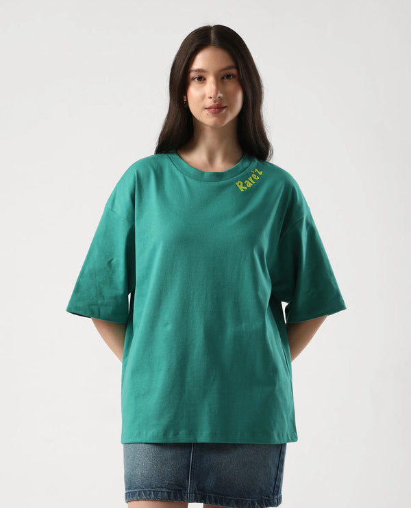 Rareism Women Tenk Green Pull On Closure Cotton Fabric Oversized Regular Graphic Print T-Shirt