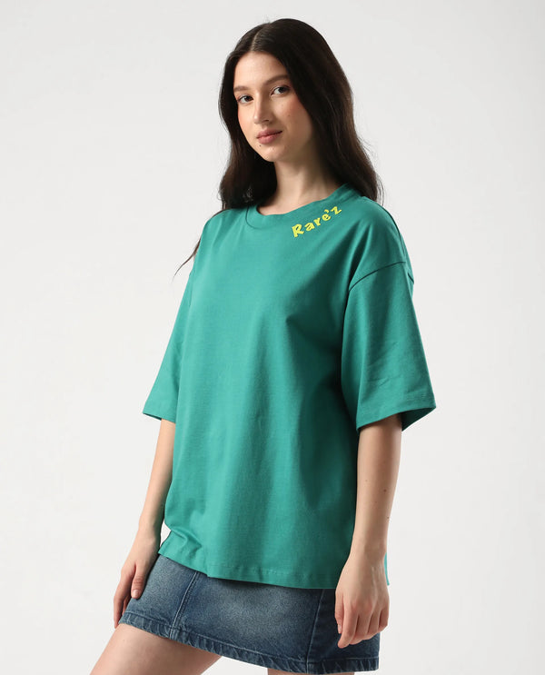 Rareism Women Tenk Green Pull On Closure Cotton Fabric Oversized Regular Graphic Print T-Shirt