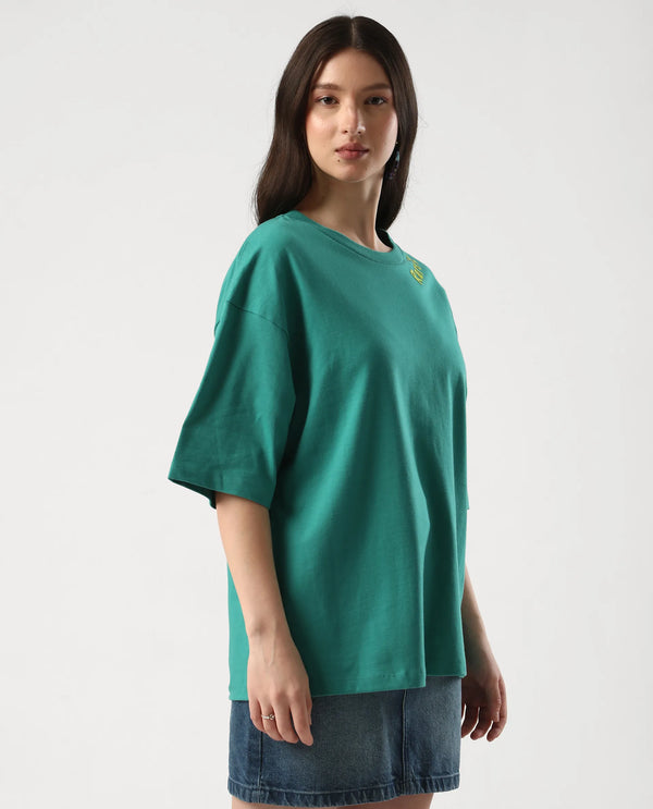 Rareism Women Tenk Green Pull On Closure Cotton Fabric Oversized Regular Graphic Print T-Shirt