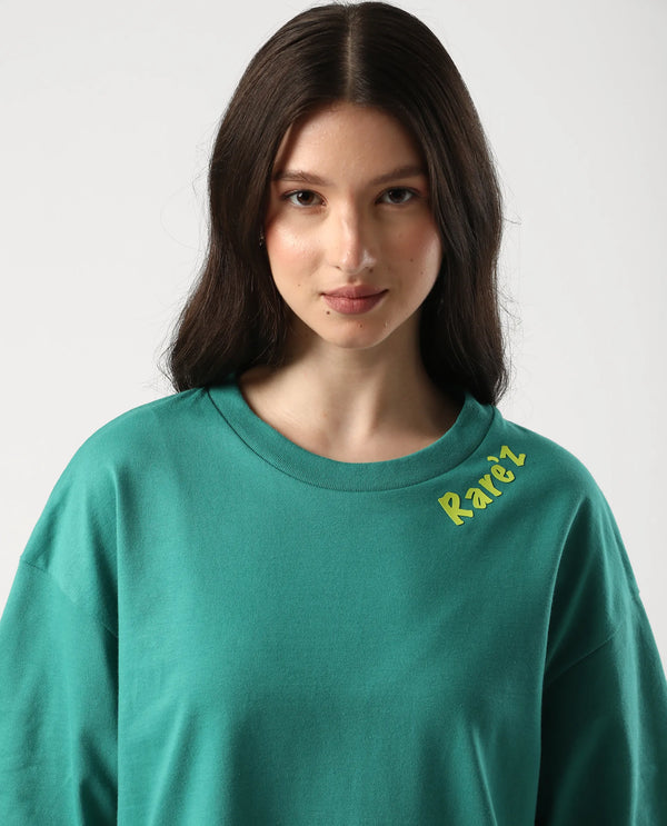 Rareism Women Tenk Green Pull On Closure Cotton Fabric Oversized Regular Graphic Print T-Shirt