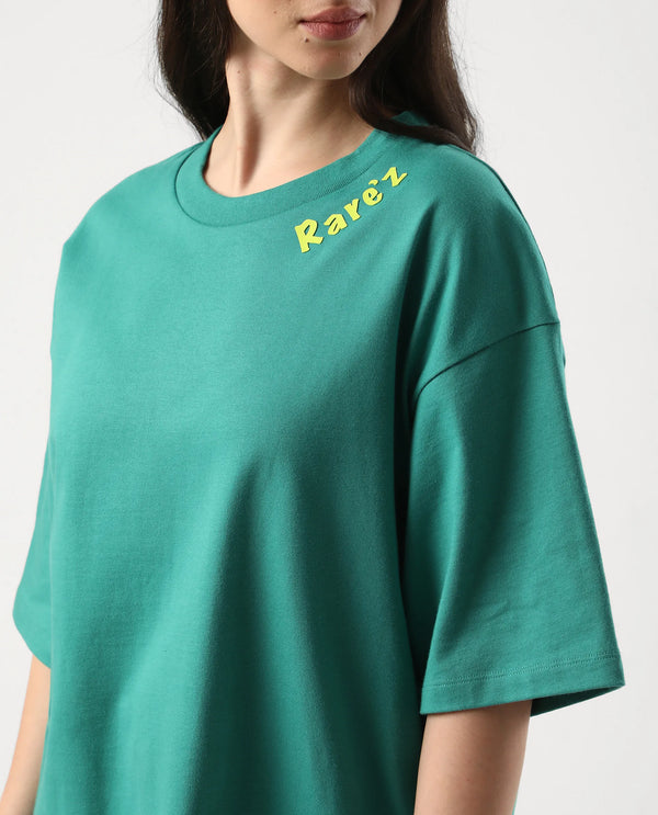 Rareism Women Tenk Green Pull On Closure Cotton Fabric Oversized Regular Graphic Print T-Shirt