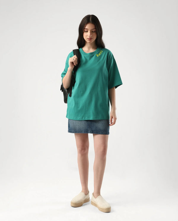 Rareism Women Tenk Green Pull On Closure Cotton Fabric Oversized Regular Graphic Print T-Shirt