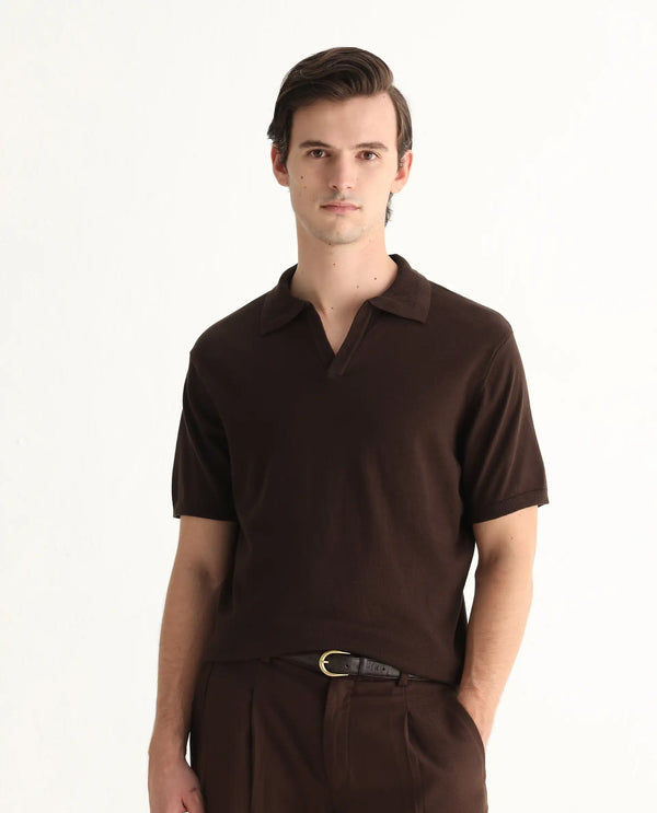Rare Rabbit Men's Teny Dark Brown Cotton Blend Fabric Half Sleeve Spread Collar Regular Fit Plain Polo