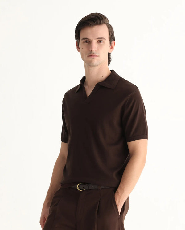Rare Rabbit Men's Teny Dark Brown Cotton Blend Fabric Half Sleeve Spread Collar Regular Fit Plain Polo