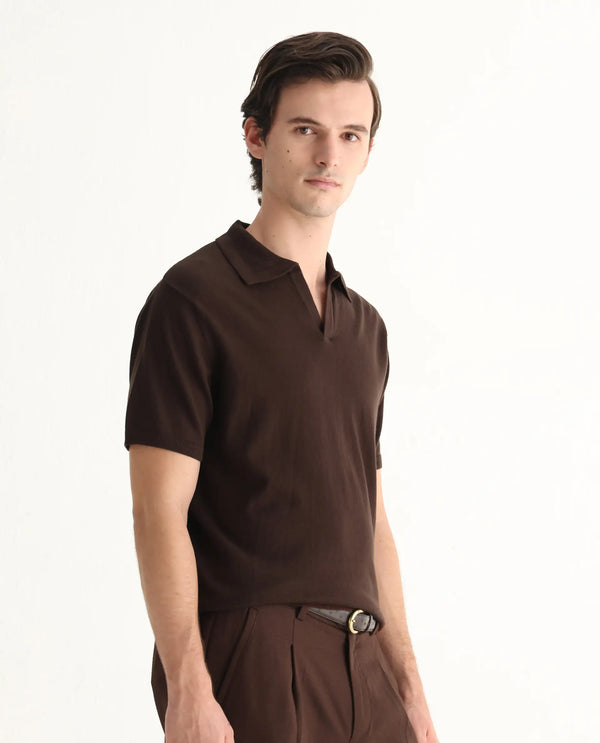 Rare Rabbit Men's Teny Dark Brown Cotton Blend Fabric Half Sleeve Spread Collar Regular Fit Plain Polo