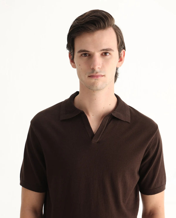 Rare Rabbit Men's Teny Dark Brown Cotton Blend Fabric Half Sleeve Spread Collar Regular Fit Plain Polo