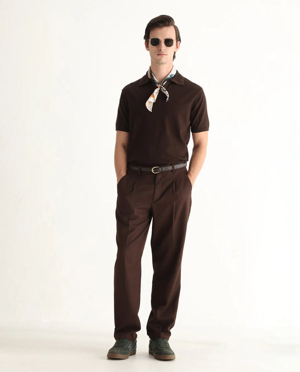 Rare Rabbit Men's Teny Dark Brown Cotton Blend Fabric Half Sleeve Spread Collar Regular Fit Plain Polo