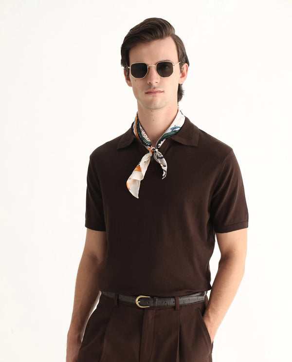 Rare Rabbit Men's Teny Dark Brown Cotton Blend Fabric Half Sleeve Spread Collar Regular Fit Plain Polo