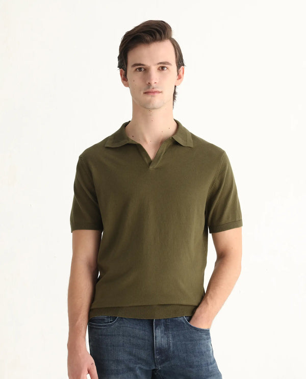 Rare Rabbit Men's Teny Olive Cotton Blend Fabric Half Sleeve Spread Collar Regular Fit Plain Polo