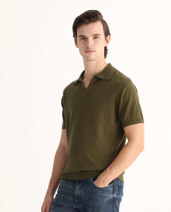 Rare Rabbit Men's Teny Olive Cotton Blend Fabric Half Sleeve Spread Collar Regular Fit Plain Polo