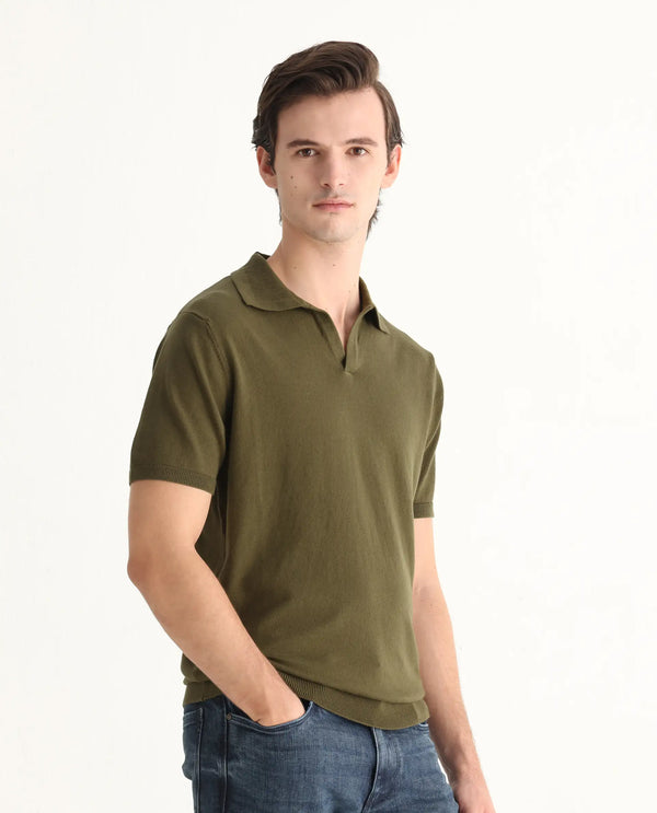 Rare Rabbit Men's Teny Olive Cotton Blend Fabric Half Sleeve Spread Collar Regular Fit Plain Polo