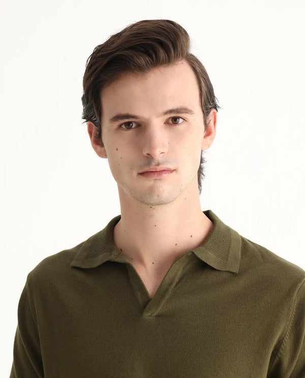 Rare Rabbit Men's Teny Olive Cotton Blend Fabric Half Sleeve Spread Collar Regular Fit Plain Polo