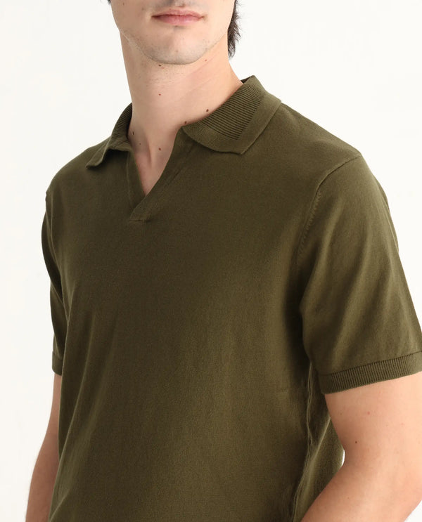 Rare Rabbit Men's Teny Olive Cotton Blend Fabric Half Sleeve Spread Collar Regular Fit Plain Polo