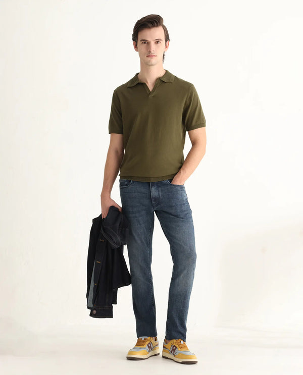 Rare Rabbit Men's Teny Olive Cotton Blend Fabric Half Sleeve Spread Collar Regular Fit Plain Polo