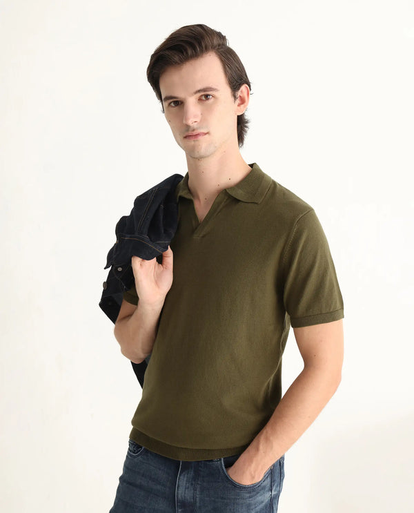 Rare Rabbit Men's Teny Olive Cotton Blend Fabric Half Sleeve Spread Collar Regular Fit Plain Polo