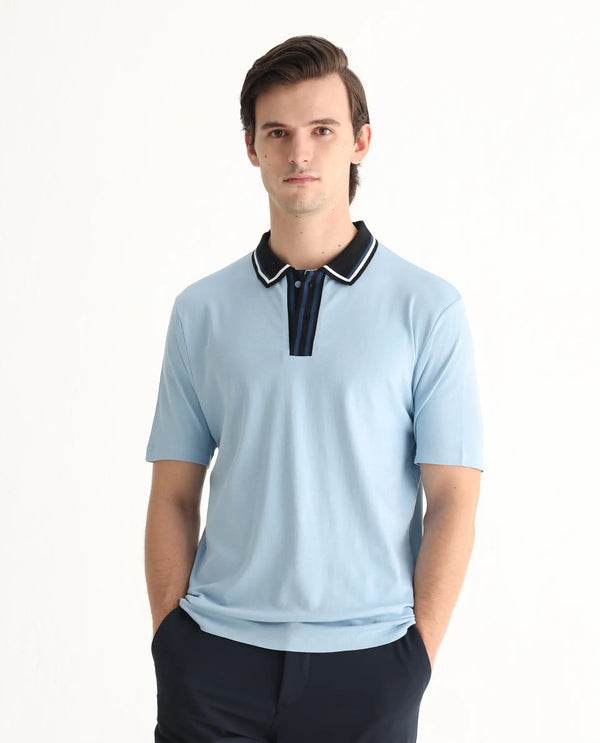 Rare Rabbit Men's Territ Light Blue Short Sleeve Collared Neck Regular Fit Plain Polo T-Shirt