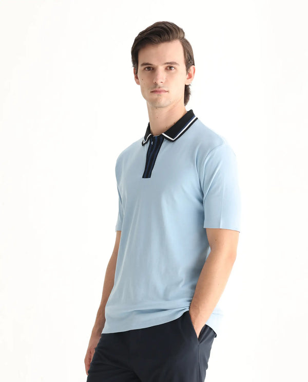 Rare Rabbit Men's Territ Light Blue Short Sleeve Collared Neck Regular Fit Plain Polo T-Shirt