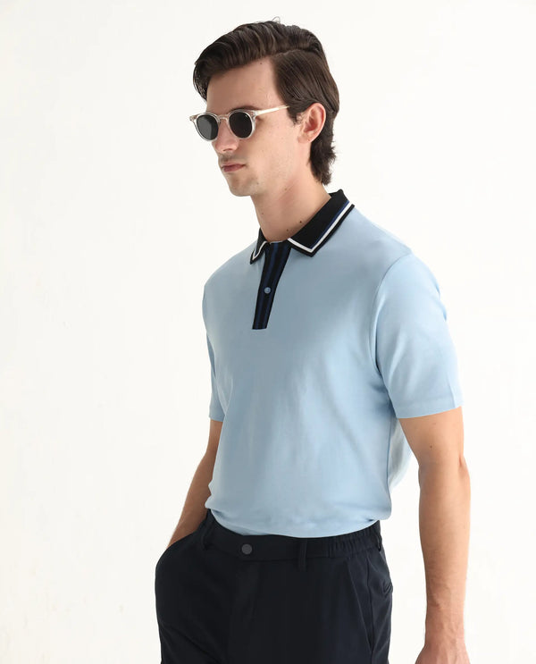Rare Rabbit Men's Territ Light Blue Short Sleeve Collared Neck Regular Fit Plain Polo T-Shirt
