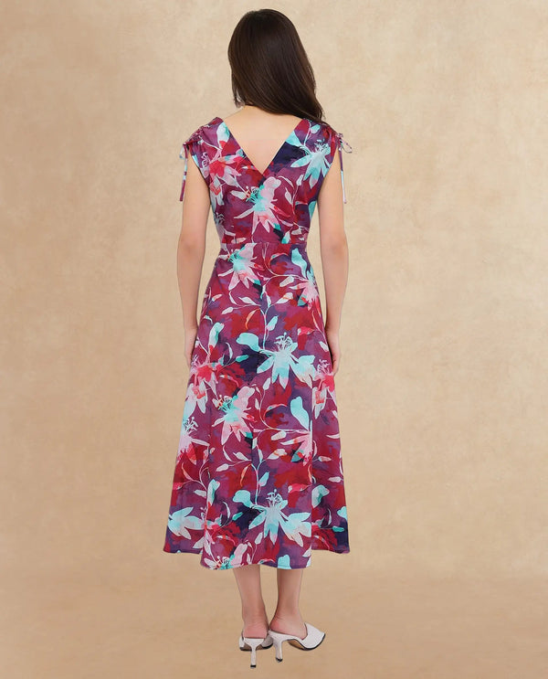 Rareism Women Terumi Dark Multi Sleeveless V-Neck  A-Line Maxi Floral Print Dress