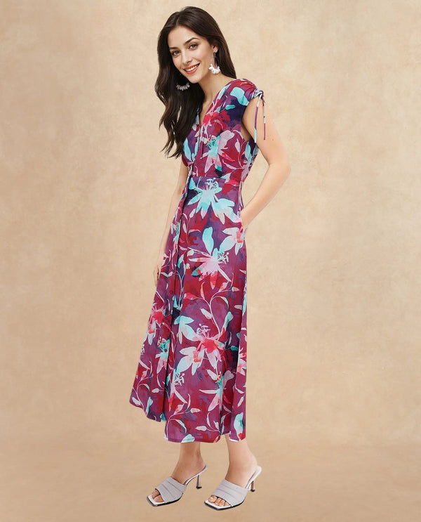 Rareism Women Terumi Dark Multi Sleeveless V-Neck  A-Line Maxi Floral Print Dress